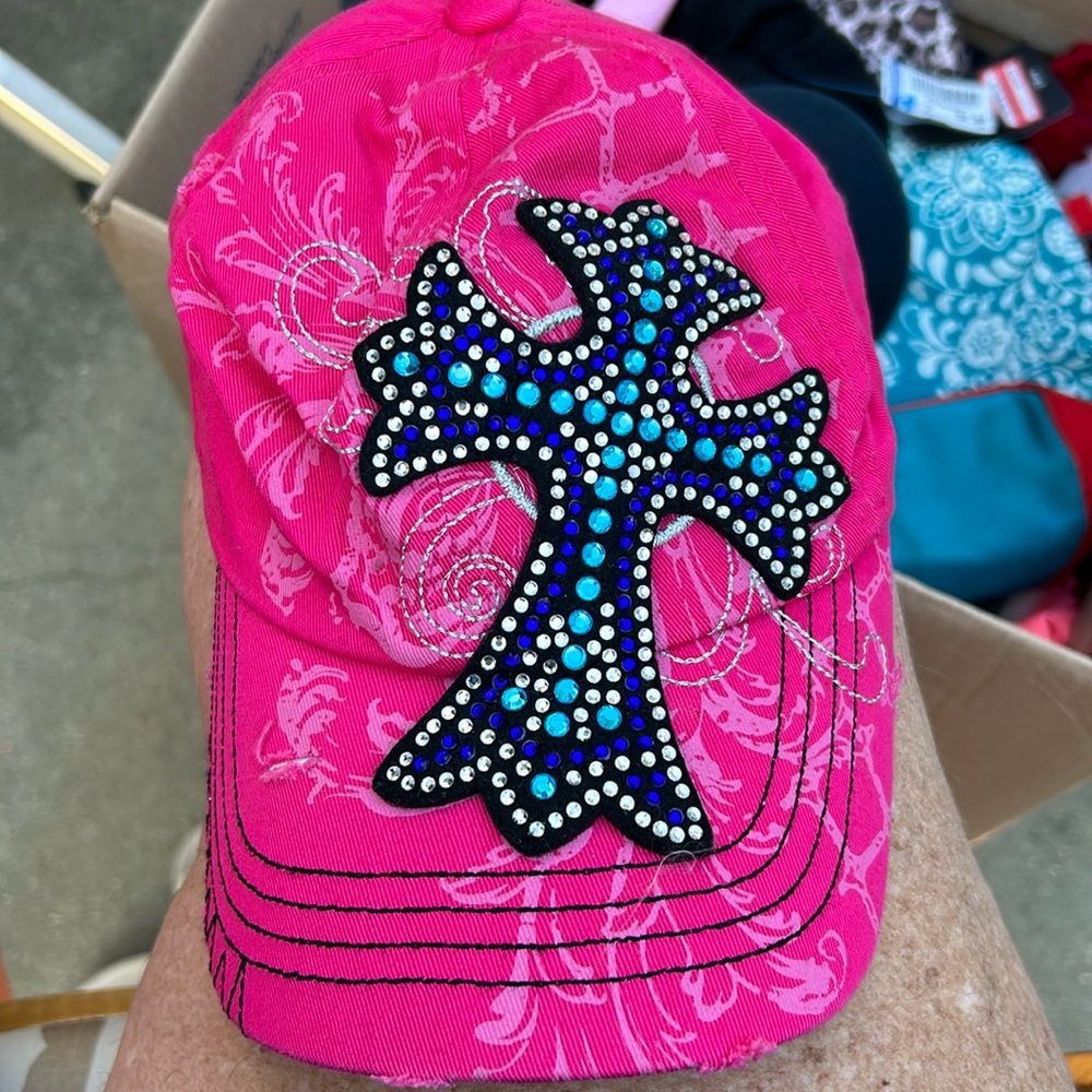 Bejeweled pink cross ball cap